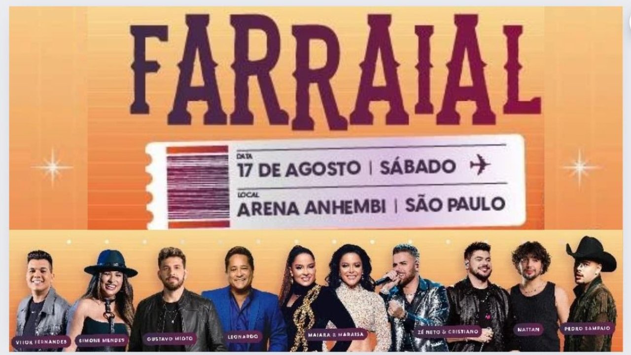 Farraial terá shows de Maiara & Maraísa, Simone Mendes, Zé Neto & Cristiano, Leonardo, Gustavo Mioto, Nattan, Vítor Fernandes e Pedro Sampaio no dia 17 de agosto