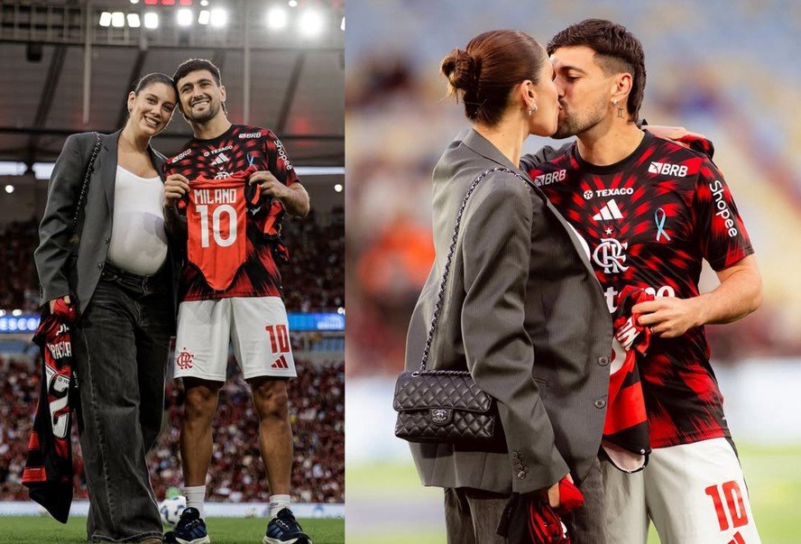 Arrascaeta e Camila Bastiani revelam o nome do primeiro filho durante homenagem do Flamengo no Maracanã