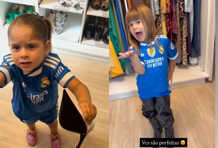 Filhas de Virgínia se divertem com Poliana Rocha vestindo uniforme do Real Madrid