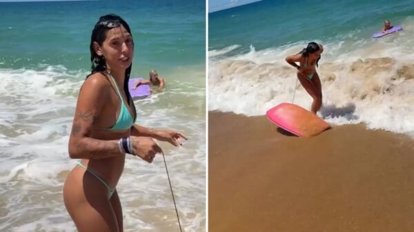 Ana Castela leva “caldo” ao tentar surfar em mar agitado e brinca: “Meu próximo esporte”