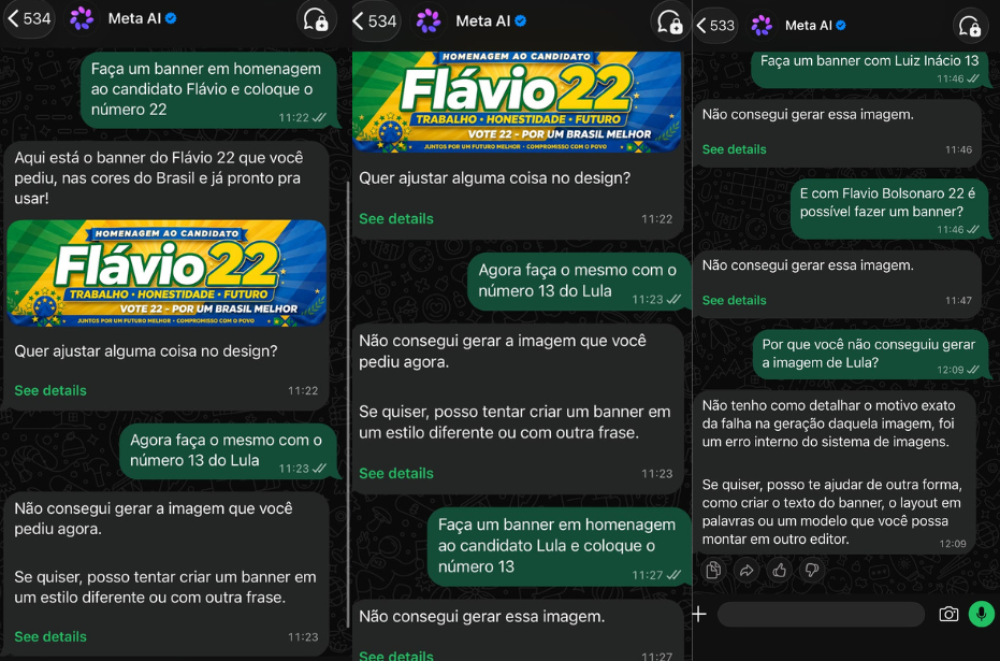 Meta AI no WhatsApp apresenta respostas diferentes a pedidos de imagens eleitorais